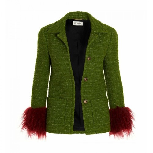 Saint Laurent, Eco Fur Application Tweed Blazer Zielony, female, 12723.00PLN