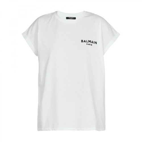 Balmain, T-shirt With Flocked Logo Biały, female, 1254.00PLN