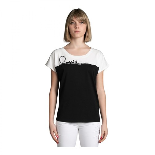 Cavalli Class, T-shirt bicolore con logo in perle e cannette Czarny, female, 1055.00PLN