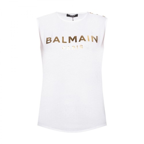 Balmain, Biała Bawełniana Koszulka Z Nadrukiem Złotego Logo Biały, female, 976.00PLN