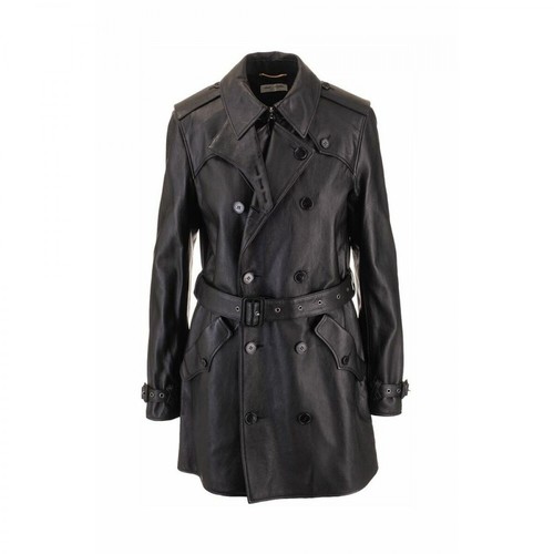 Saint Laurent, Double Breasted Belted Leather Trench Coat Czarny, female, 17037.00PLN