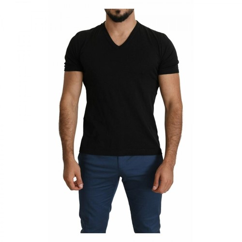 Dolce & Gabbana, V-neck 100% Cotton T-shirt Czarny, male, 904.88PLN