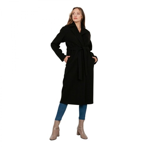 Lanti, Długi flauszowy płaszcz z paskiem Czarny, female, 374.00PLN