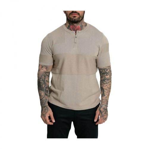 +39 Masq, Buttoned Crew Neck T-Shirt Beżowy, male, 730.00PLN