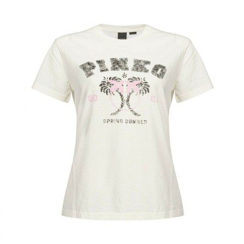 Pinko, Cotton T-Shirt with Logo Print Biały, female, 280.00PLN