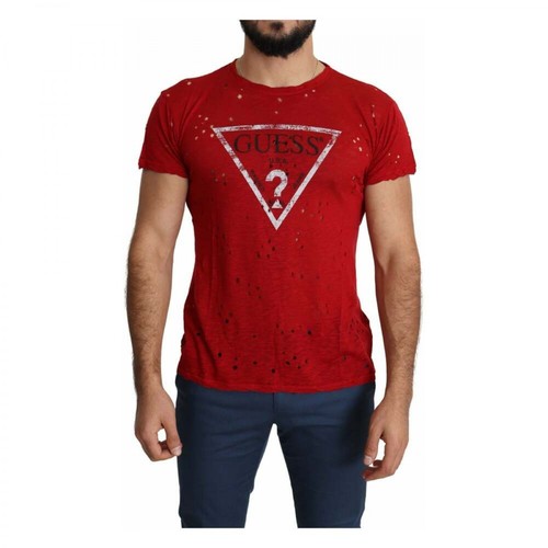 Guess, Cotton Logo Print Casual T-shirt Czerwony, male, 549.00PLN