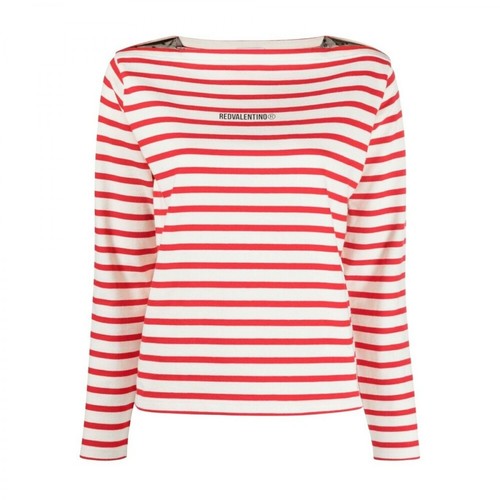 RED Valentino, Logo Print Striped T-Shirt Czerwony, female, 1140.00PLN