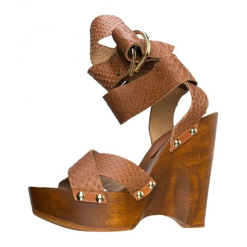 Mulberry Pre-owned, Leather Cross Over Heeled Sandals Brązowy, female, 1502.89PLN