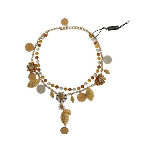 Dolce & Gabbana, Brass Lemons Floral Crystal Coin Charms Necklace Żółty, female, 5576.00PLN