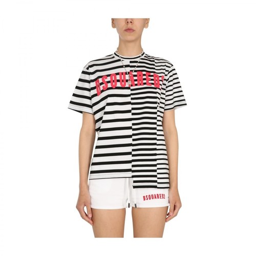 Dsquared2, Asymmetric T-Shirt With Stripe Pattern Czarny, female, 548.00PLN