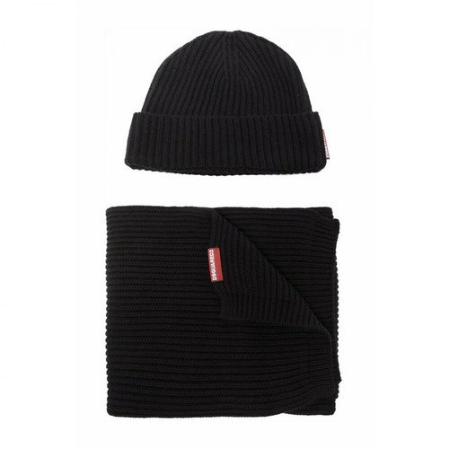 Dsquared2, Knitted Beanie Hat And Scarf Set Czarny, male, 840.00PLN