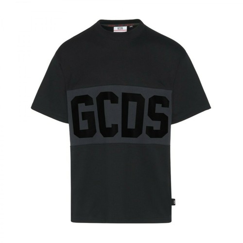 Gcds, t-shirt in cotone con banda logo tono su tono - M021501-02 Czarny, male, 657.00PLN
