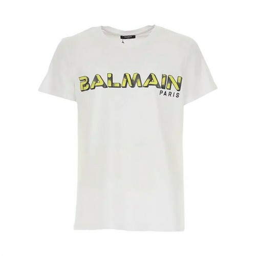 Balmain, White Cotton T-shirt With Yellow Balmain Logo Print Biały, male, 1204.00PLN