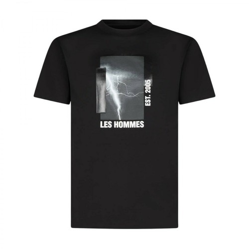 Les Hommes, Round Neck T-Shirt With Thunderbolt Print Czarny, male, 796.59PLN