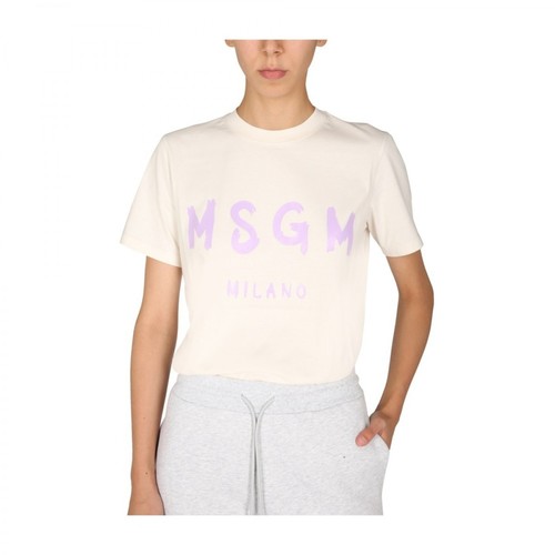 Msgm, T-Shirt With Brushed Logo Print Biały, female, 580.00PLN