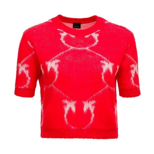 Pinko, Mohair blend T-Shirt with allover Logo print Czerwony, female, 516.00PLN