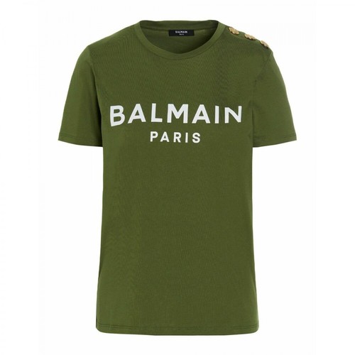 Balmain, Logo And Button T-Shirt Zielony, female, 1049.00PLN
