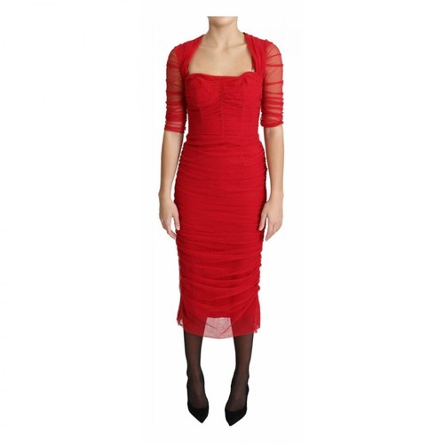 Dolce & Gabbana, Mesh Trimmed Bodycon Sheath Midi Dress Czerwony, female, 6810.20PLN