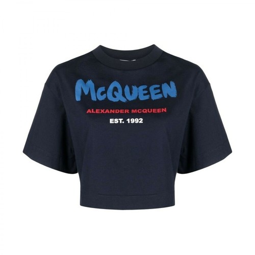 Alexander McQueen, Cropped T-shirt with Logo Niebieski, female, 1004.00PLN