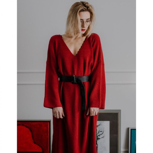Bienkovska, Sukienka z dekoltem w szpic i szerokimi rękawami Czerwony, female, 570.00PLN