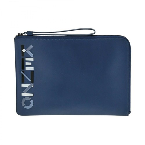 Kenzo, clutch in cow leather with glossy logo printed to the front and zip closure. Niebieski, male, 630.00PLN