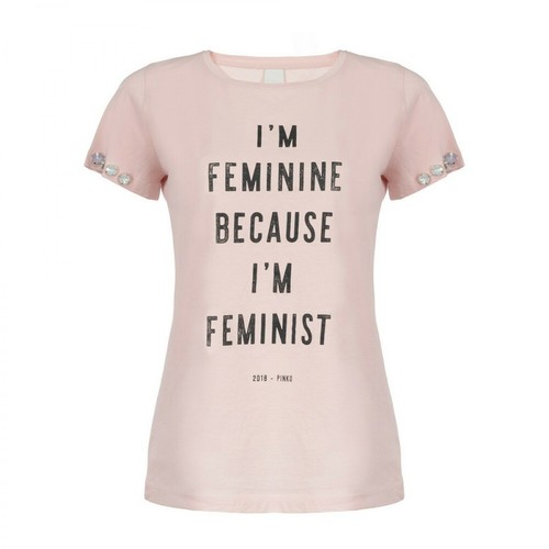 Pinko, T-Shirt Stampata In Jersey Lavato Articolo n. 1G135Ky4Br Różowy, female, 419.40PLN