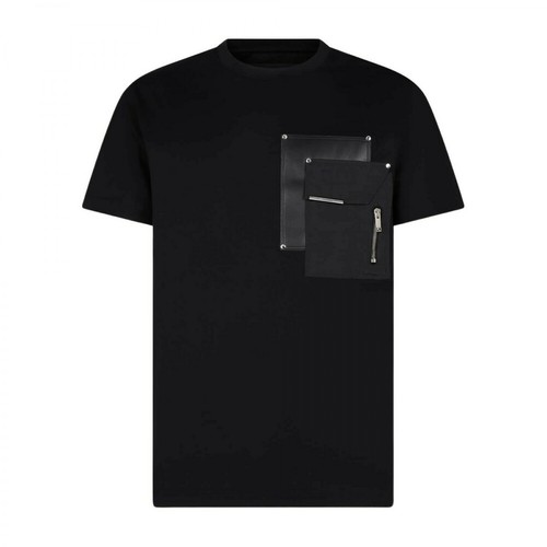 Les Hommes, Round Neck Cotton Mercerized T-Shirt With Leather Pocket Czarny, male, 1000.85PLN