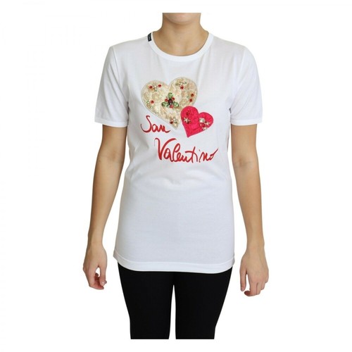 Dolce & Gabbana, San Valentino Heart Crystals T-shirt Top Biały, female, 1679.93PLN