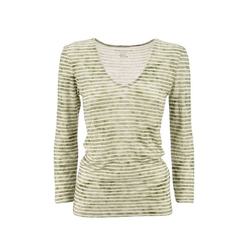 Majestic Filatures, Striped T-shirt with V-neck Zielony, female, 681.00PLN