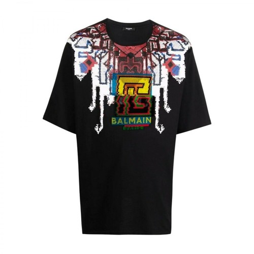 Balmain, Oversized Black Cotton T-shirt With Multicolor Balmain Logo Print Czarny, male, 2235.00PLN