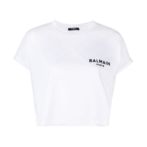 Balmain, Cropped Flocked Logo T-Shirt Biały, female, 1140.00PLN