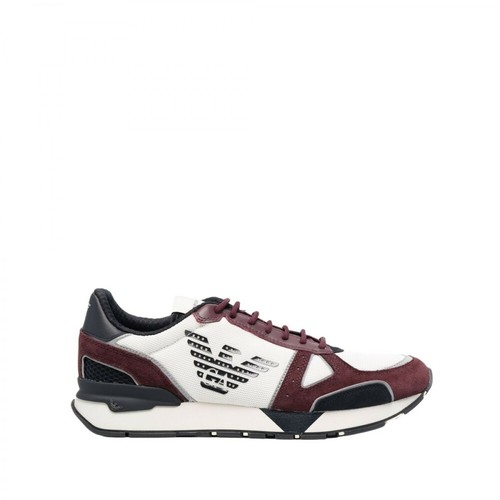 Emporio Armani, Sneakers in suede con inserti nabuk mesh e aquila laterale Czerwony, male, 633.00PLN