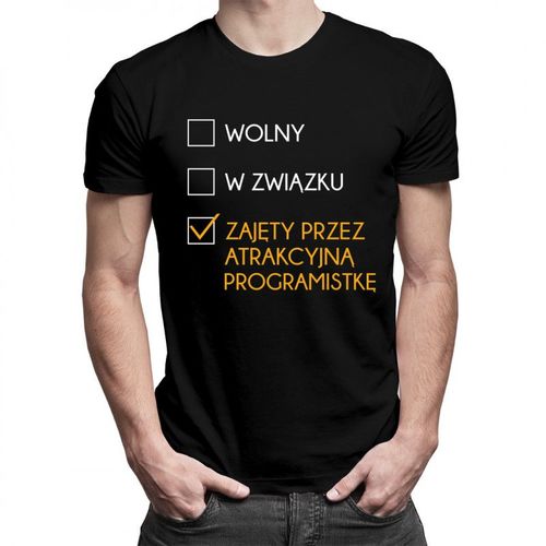 Zajęty przez atrakcyjną programistkę - męska koszulka z nadrukiem 69.00PLN